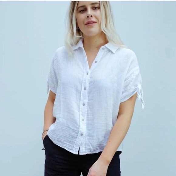 Michel Stars Tess Tie Shirt White Sz XS Double Gauze Button Front Oversized Boxy - Picture 1 of 14